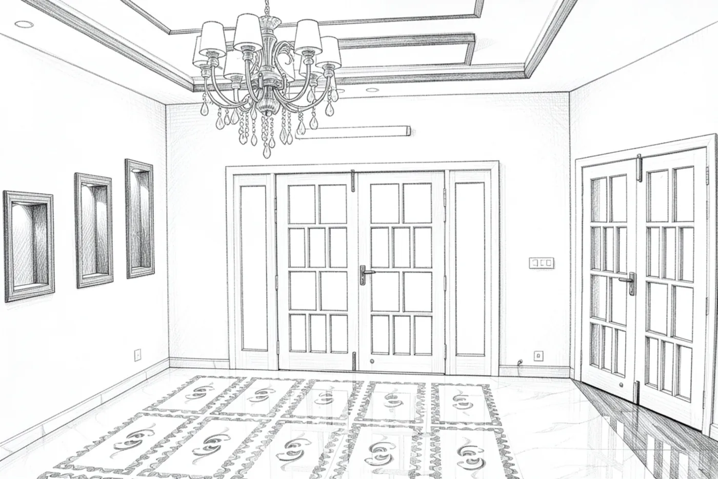 Sketch of an entrance hall with chandelier and panelled doors