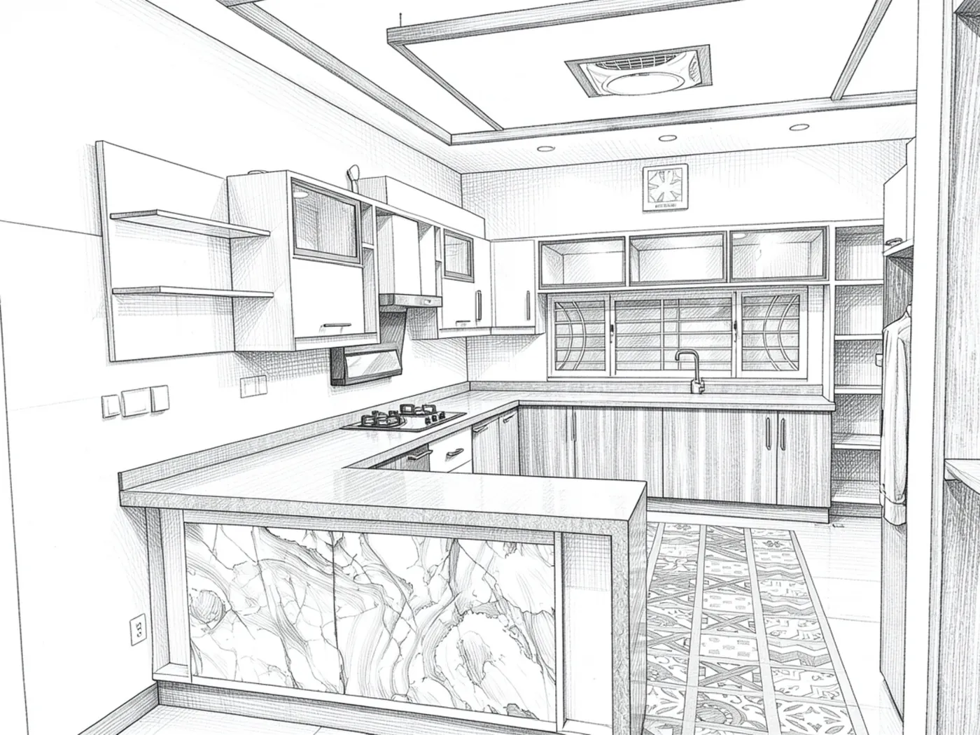 Sketch of a fitted kitchen with marble counter