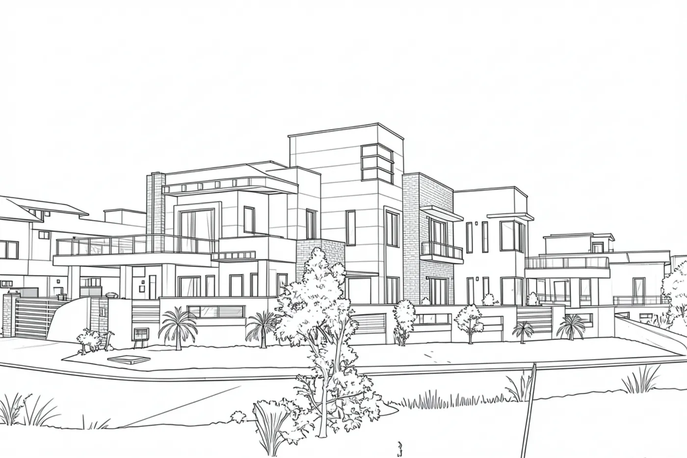 Sketch of a street of modern homes