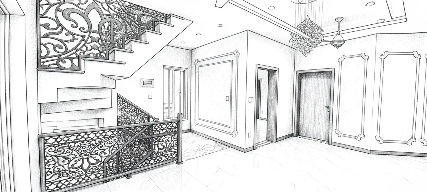 Sketch of a staircase with laser-cut railing