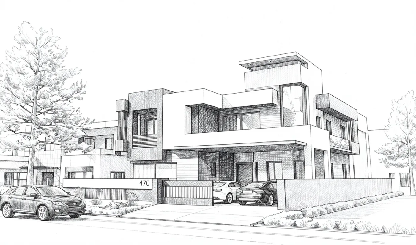 Sketch of a modern house with cars in the drive