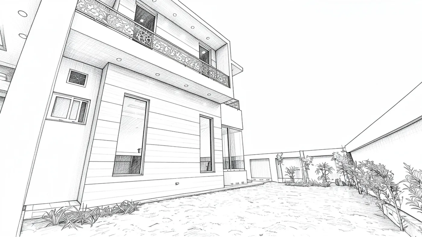 Sketch of a clad side facade and lawn